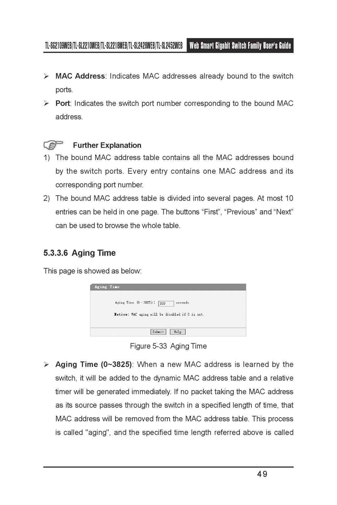 TP-Link TL-SL2452WEB, TL-SL2210WEB, TL-SL2218WEB, TL-SG2109WEB, TL- SL2428WEB manual Aging Time 