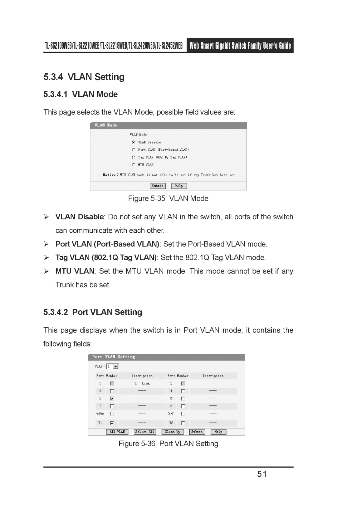 TP-Link TL-SG2109WEB, TL-SL2210WEB, TL-SL2452WEB, TL-SL2218WEB, TL- SL2428WEB manual Vlan Mode, Port Vlan Setting 