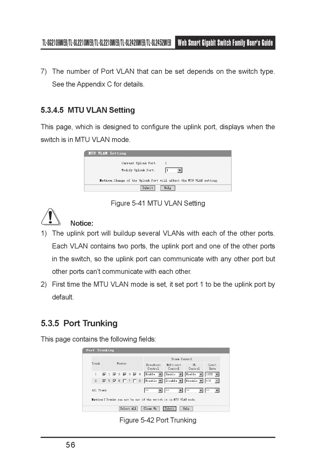 TP-Link TL-SG2109WEB, TL-SL2210WEB, TL-SL2452WEB, TL-SL2218WEB, TL- SL2428WEB manual Port Trunking, MTU Vlan Setting 