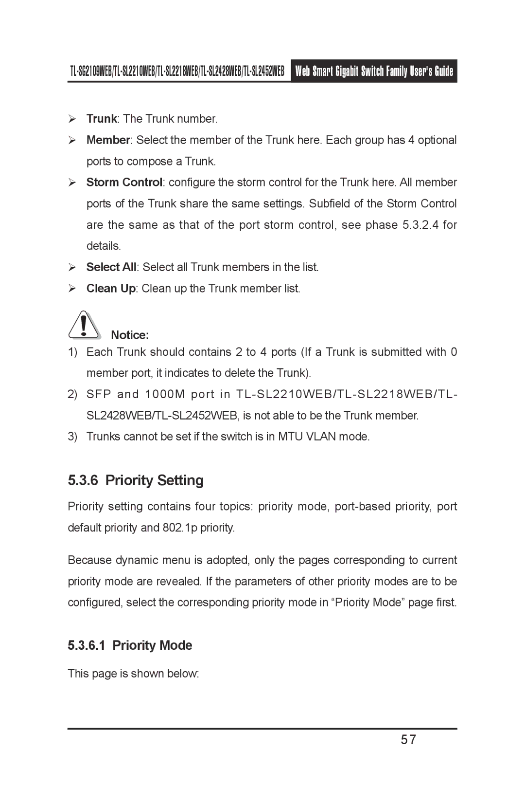 TP-Link TL- SL2428WEB, TL-SL2210WEB, TL-SL2452WEB, TL-SL2218WEB, TL-SG2109WEB manual Priority Setting, Priority Mode 