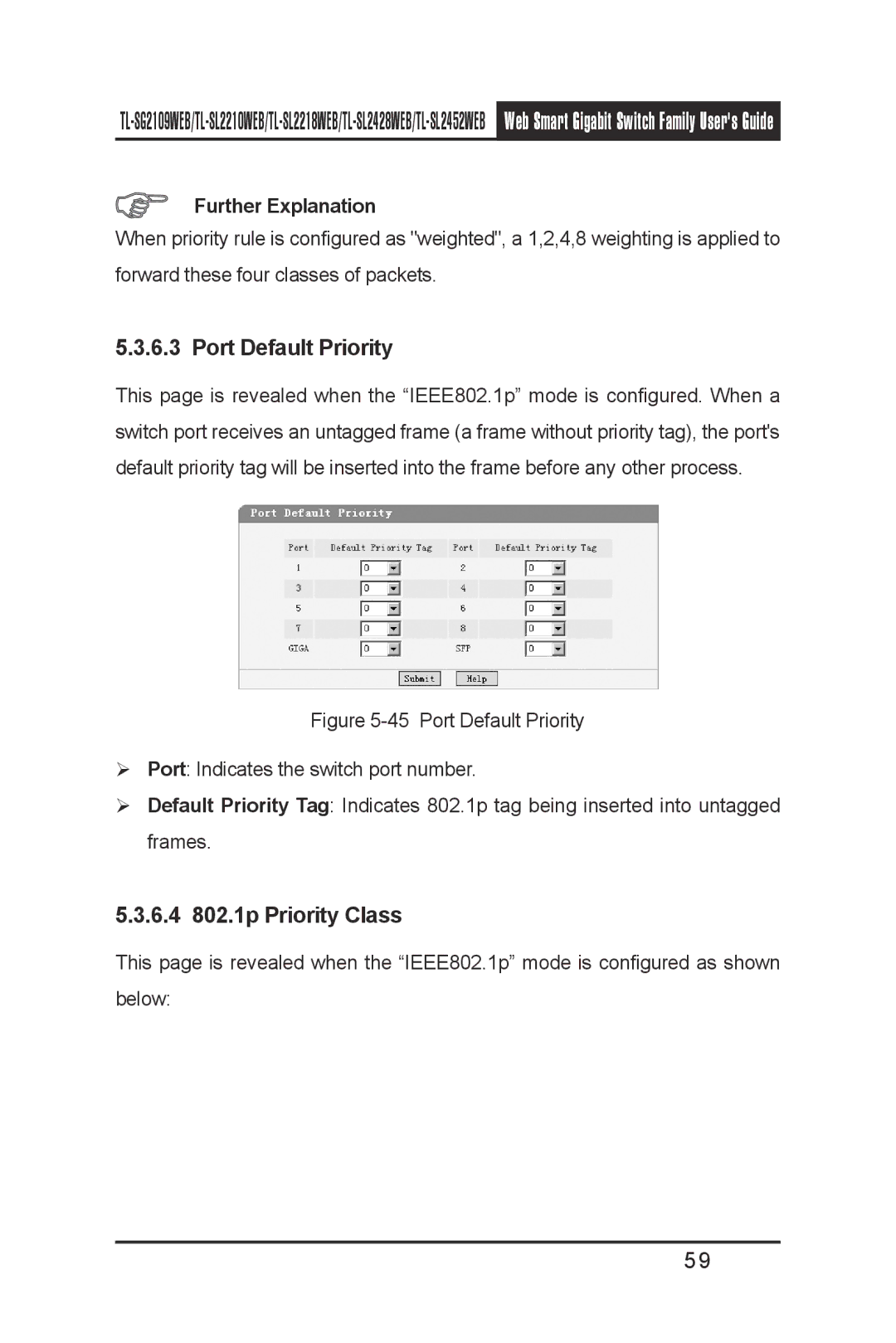 TP-Link TL-SL2452WEB, TL-SL2210WEB, TL-SL2218WEB, TL-SG2109WEB manual Port Default Priority, 6.4 802.1p Priority Class 