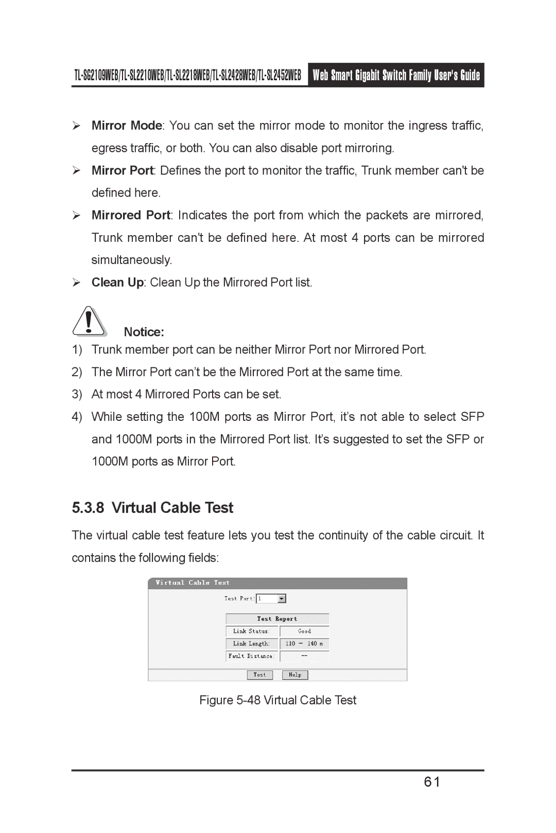 TP-Link TL-SG2109WEB, TL-SL2210WEB, TL-SL2452WEB, TL-SL2218WEB, TL- SL2428WEB manual Virtual Cable Test 