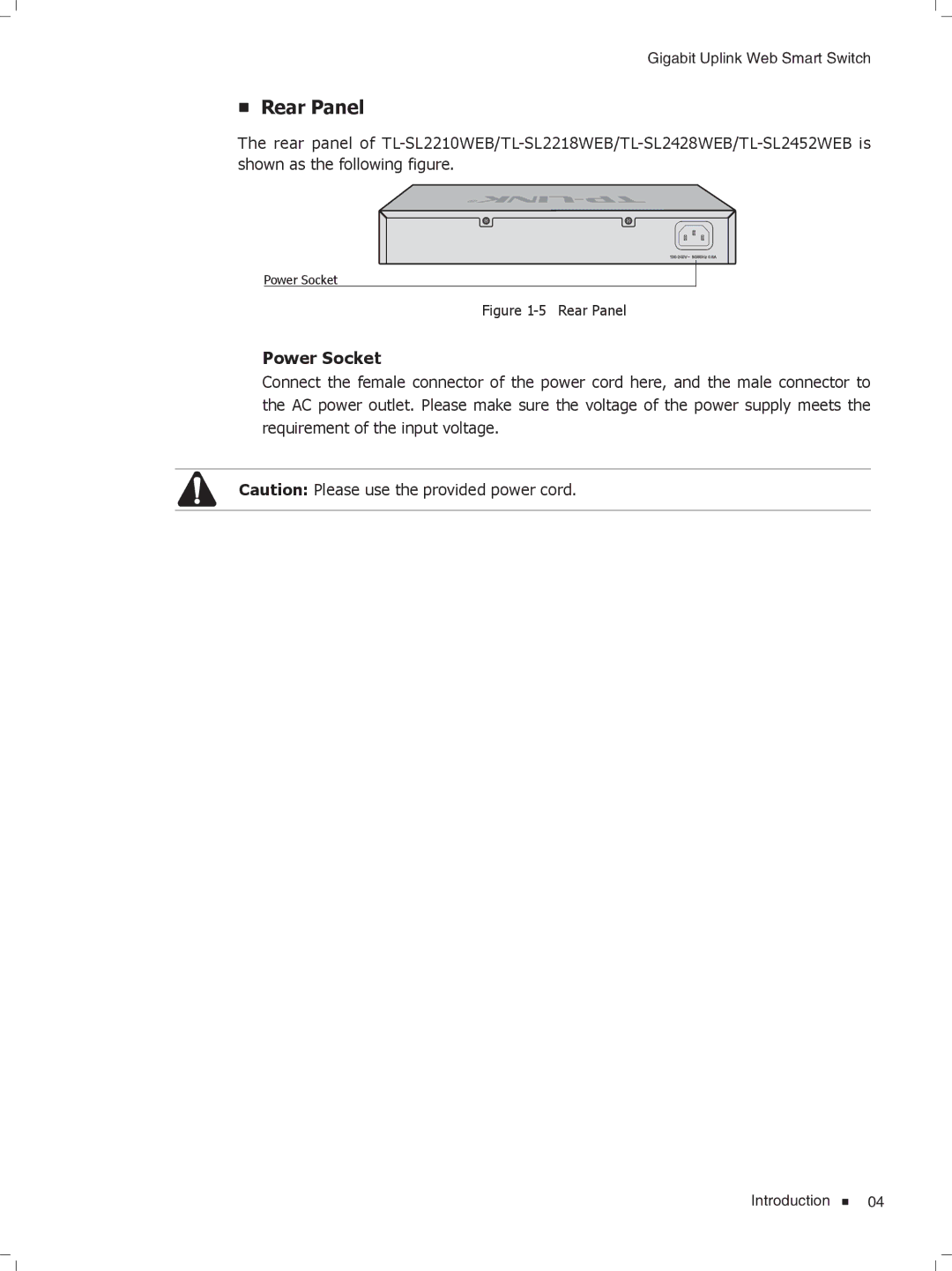 TP-Link TL-SL2210WEB/TL-SL2218WEB, TL-SL2428WEB/TL-SL2452WEB manual Rear Panel 