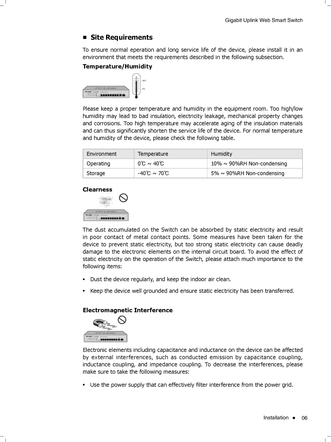 TP-Link TL-SL2210WEB/TL-SL2218WEB, TL-SL2428WEB/TL-SL2452WEB manual Site Requirements 