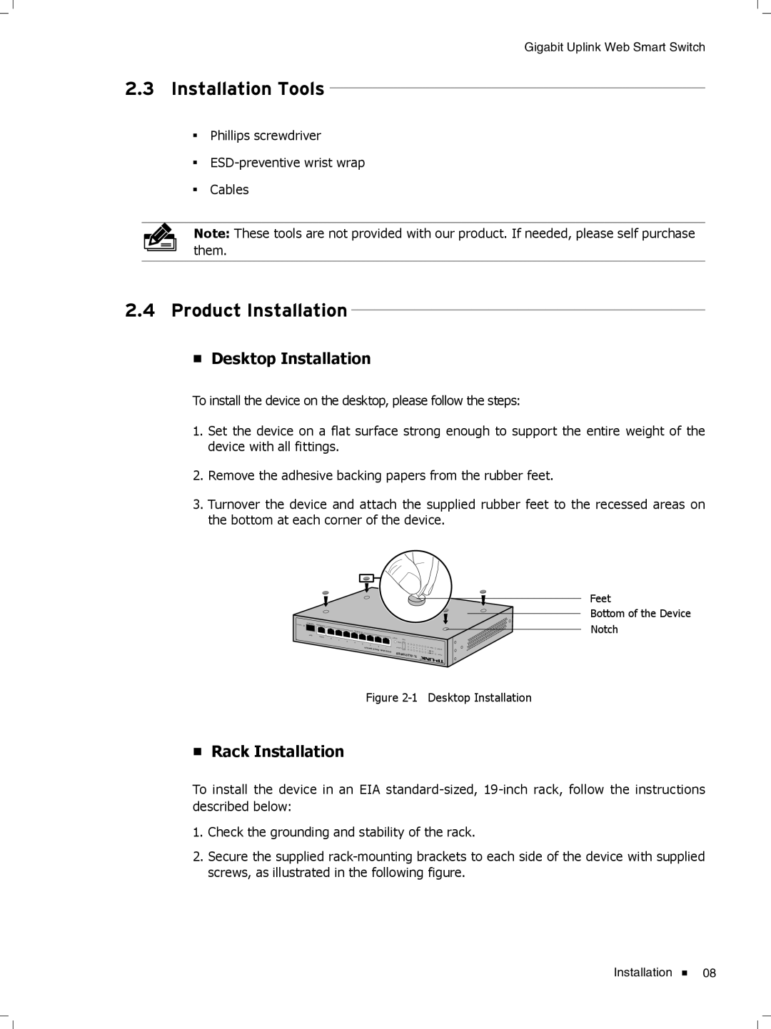 TP-Link TL-SL2210WEB/TL-SL2218WEB, TL-SL2428WEB/TL-SL2452WEB manual Installation Tools, Product Installation 