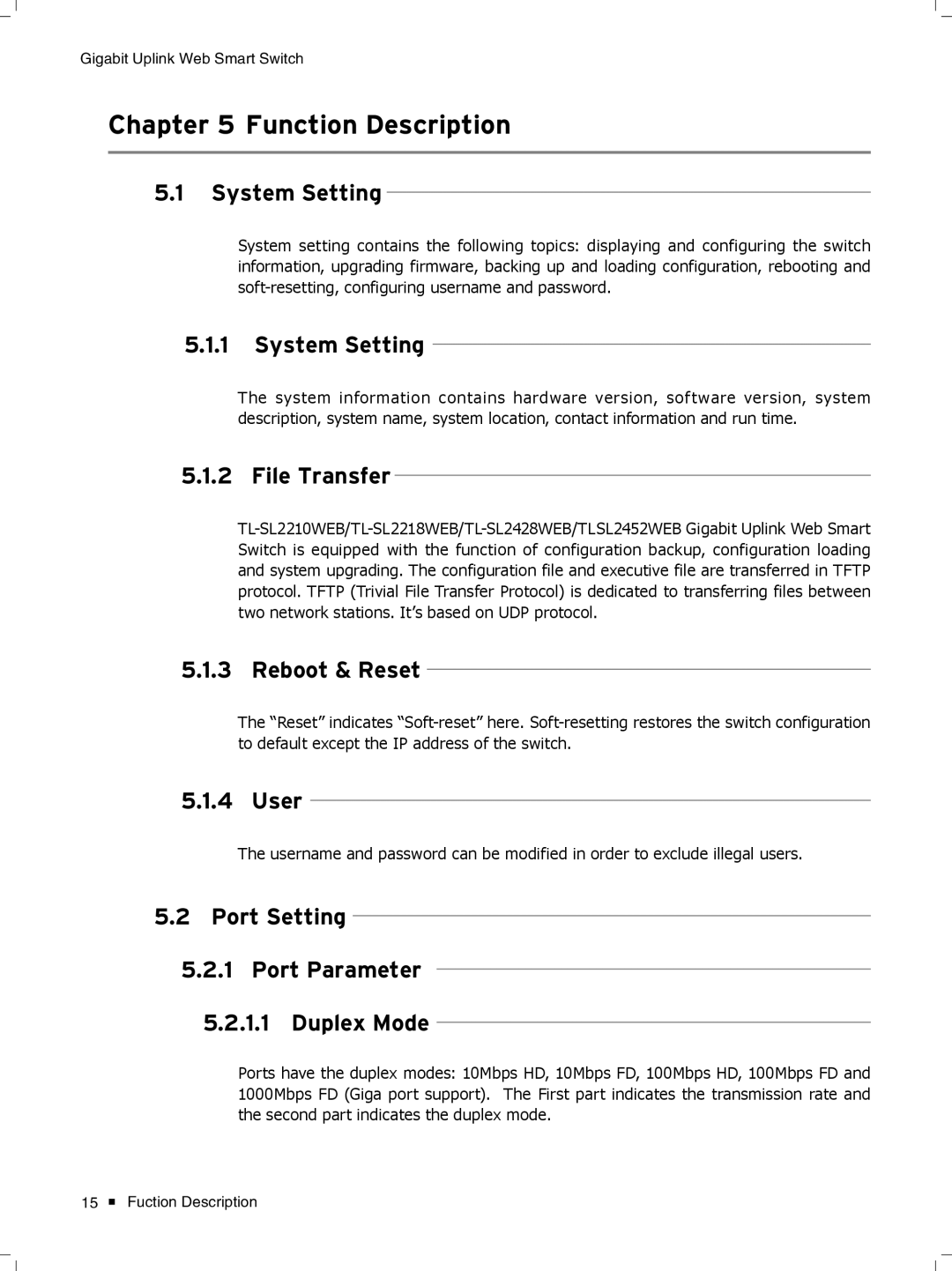 TP-Link TL-SL2428WEB/TL-SL2452WEB, TL-SL2210WEB/TL-SL2218WEB manual CCCCCCCCCCFunction Description 