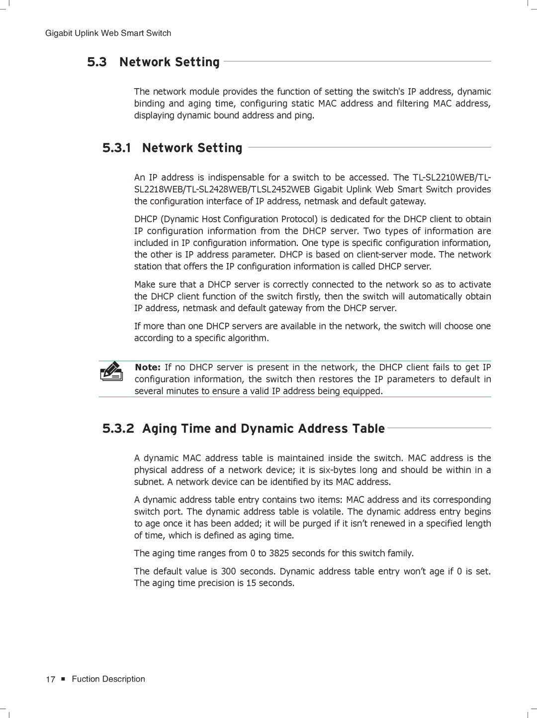 TP-Link TL-SL2428WEB/TL-SL2452WEB, TL-SL2210WEB/TL-SL2218WEB manual Network Setting, Aging Time and Dynamic Address Table 