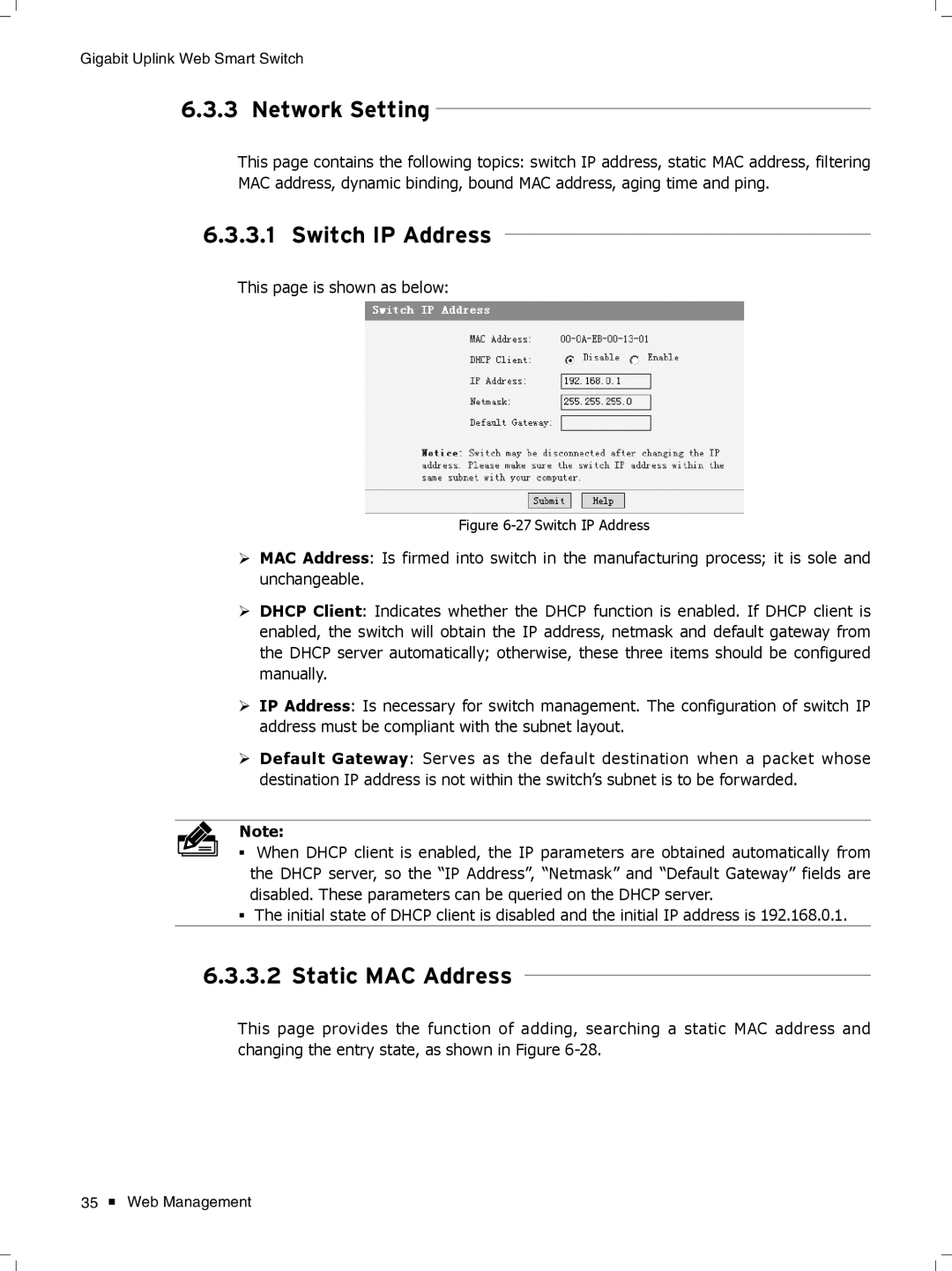 TP-Link TL-SL2428WEB/TL-SL2452WEB, TL-SL2210WEB/TL-SL2218WEB manual Switch IP Address, Static MAC Address 