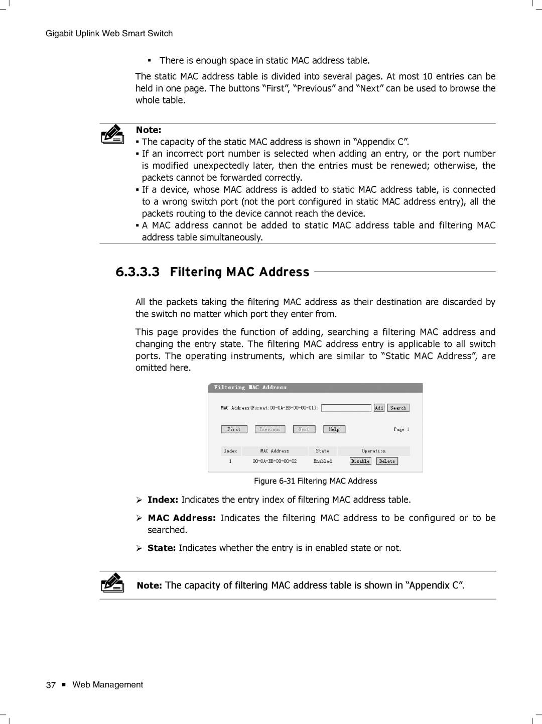 TP-Link TL-SL2428WEB/TL-SL2452WEB, TL-SL2210WEB/TL-SL2218WEB manual Filtering MAC Address 