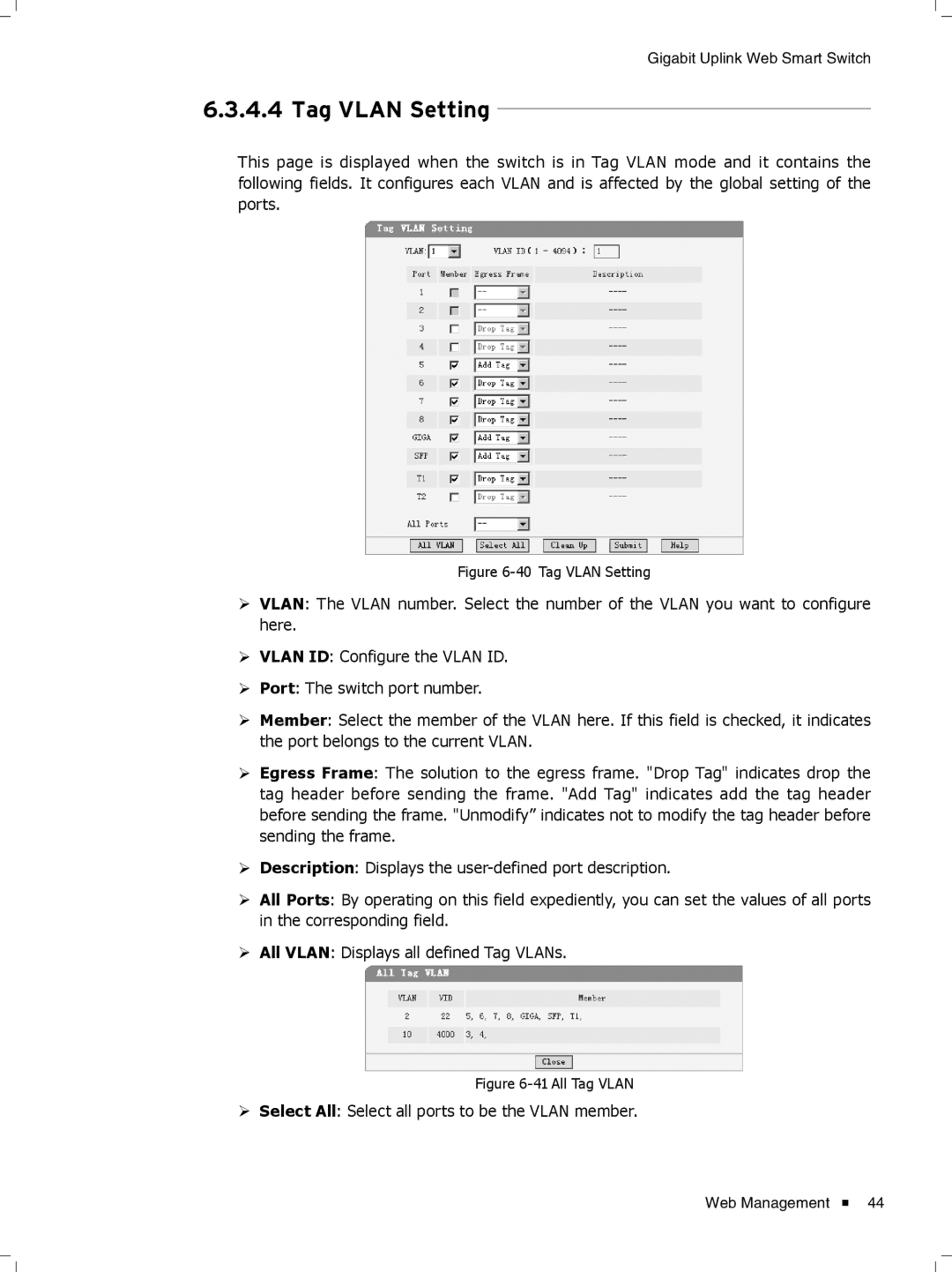 TP-Link TL-SL2210WEB/TL-SL2218WEB, TL-SL2428WEB/TL-SL2452WEB manual 66666666Tag Vlan Setting 