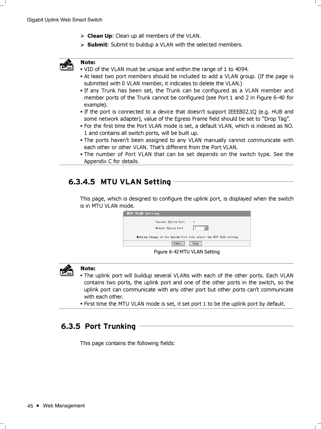 TP-Link TL-SL2428WEB/TL-SL2452WEB, TL-SL2210WEB/TL-SL2218WEB manual MTU Vlan Setting, Port Trunking 