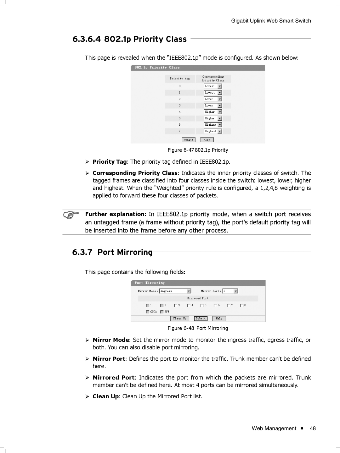 TP-Link TL-SL2210WEB/TL-SL2218WEB, TL-SL2428WEB/TL-SL2452WEB manual 66666666802.1p Priority Class, Port Mirroring 