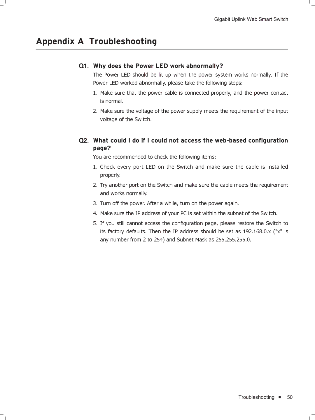 TP-Link TL-SL2210WEB/TL-SL2218WEB manual Appendix a Troubleshooting, Qqqq Why does the Power LED work abnormally? 