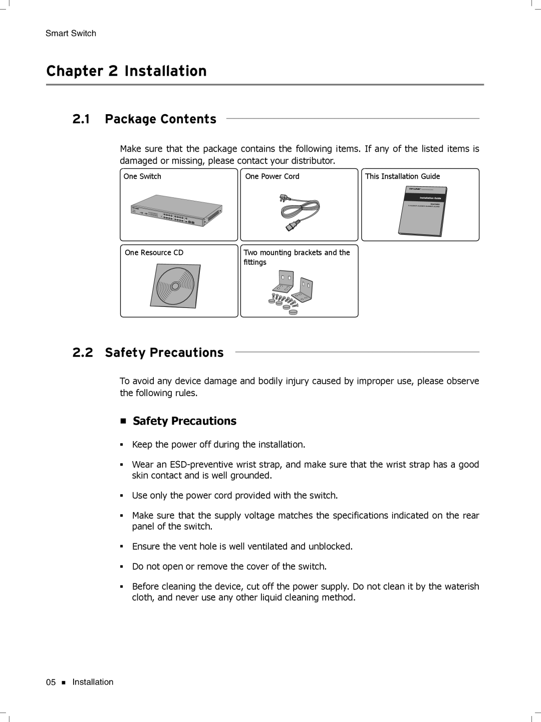 TP-Link TL-SL2218, TL-SL2452, TL-SL2428, TL-SL2210 manual CCCCCCCCCCInstallation, Package Contents, Safety Precautions 