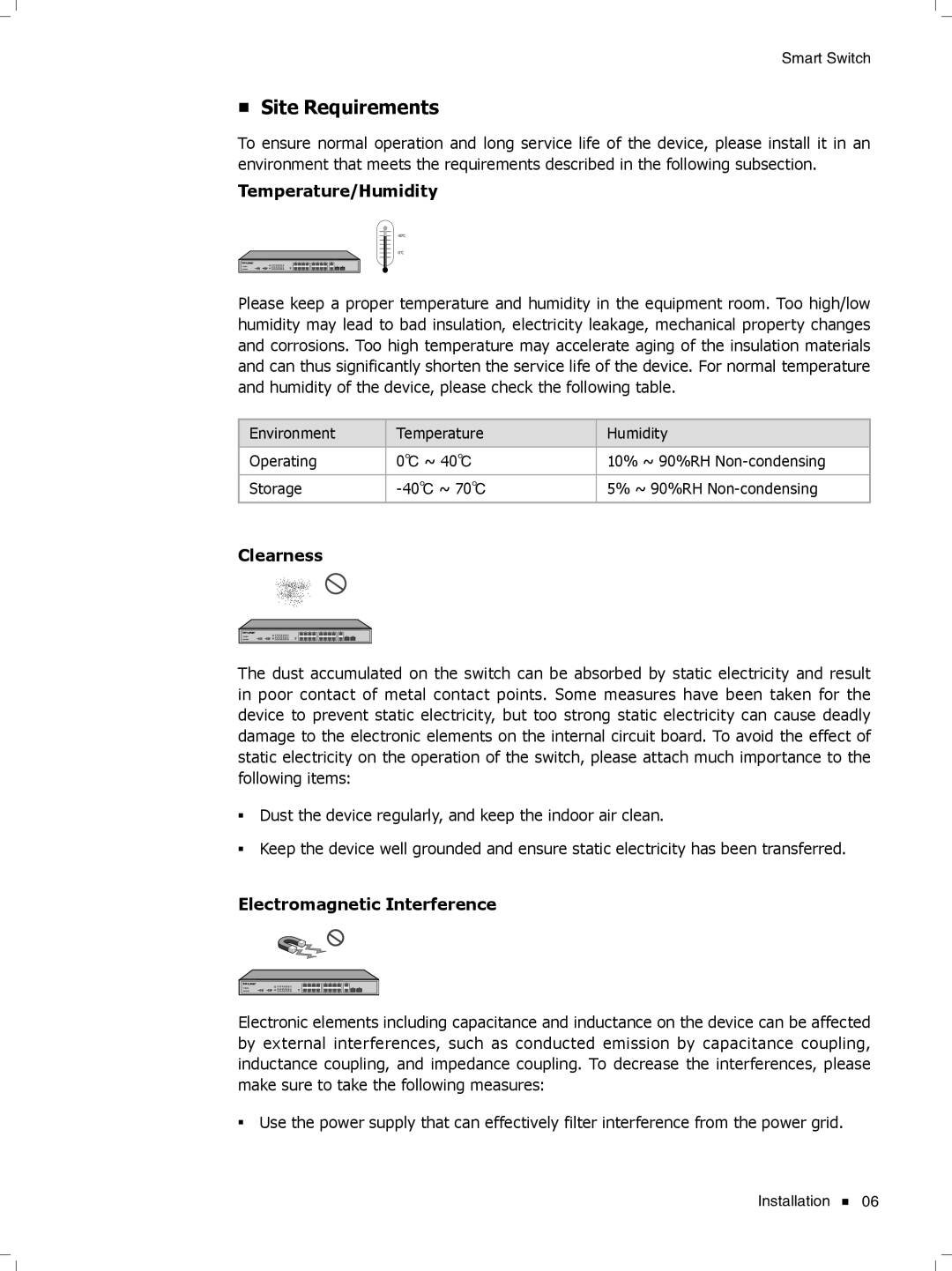 TP-Link TL-SL2210, TL-SL2452, TL-SL2428 Site Requirements, Temperature/Humidity, Clearness, Electromagnetic Interference 