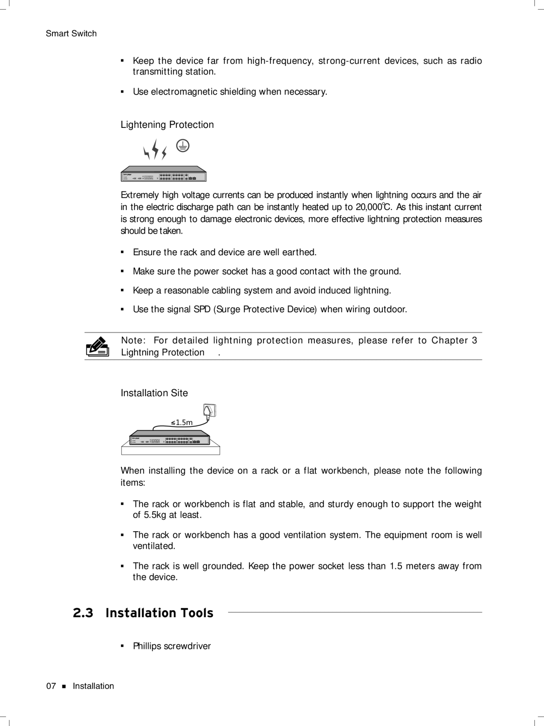 TP-Link TL-SL2452, TL-SL2428, TL-SL2218, TL-SL2210 manual Installation Tools, Lightening Protection, Installation Site 