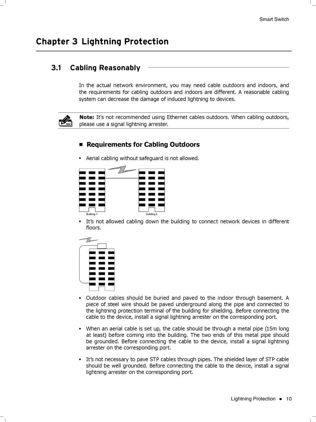 TP-Link TL-SL2210, TL-SL2452 manual Cccccccccc Lightning Protection, Cabling Reasonably, Requirements for Cabling Outdoors 