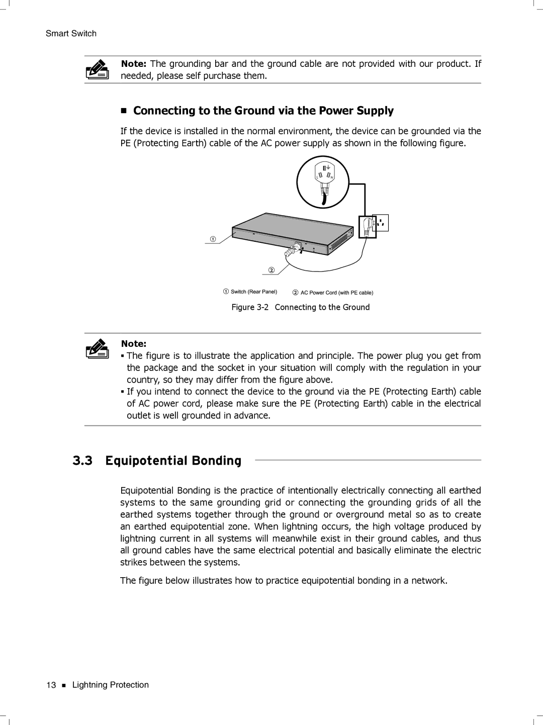 TP-Link TL-SL2218, TL-SL2452, TL-SL2428, TL-SL2210 manual Equipotential Bonding, Connecting to the Ground via the Power Supply 