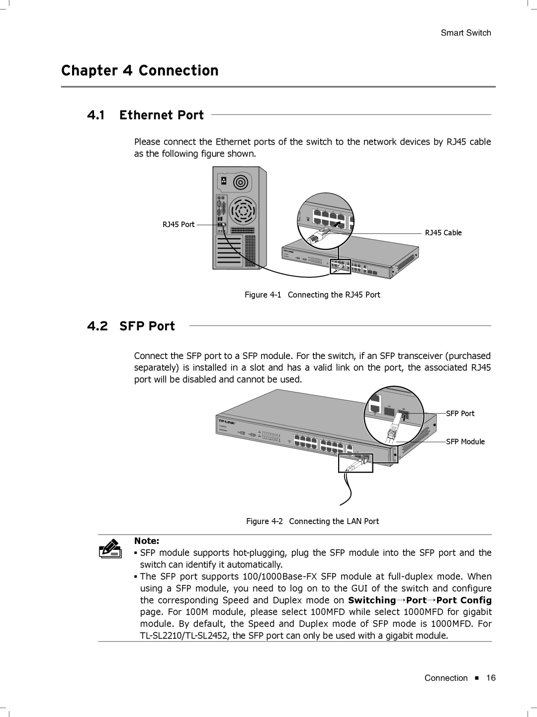 TP-Link TL-SL2428, TL-SL2452, TL-SL2218, TL-SL2210 manual CCCCCCCCCCConnection, Ethernet Port, SFP Port 
