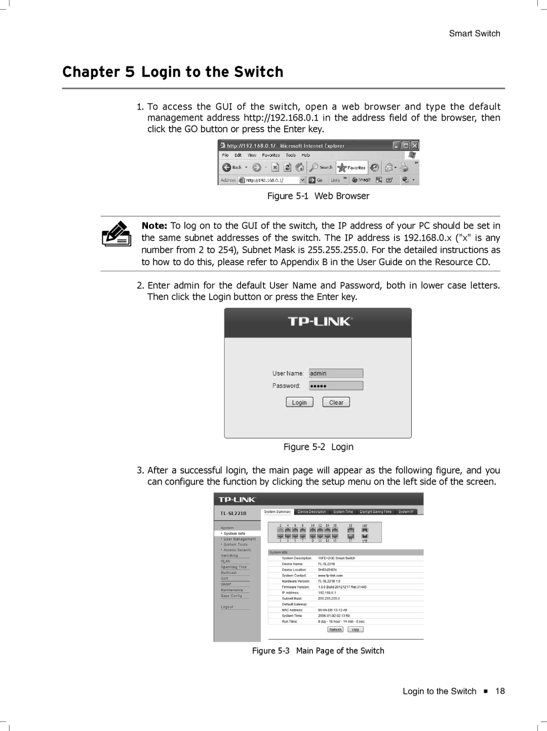 TP-Link TL-SL2210, TL-SL2452, TL-SL2428, TL-SL2218 manual ChaCter 4 Login to the Switch, Main Page of the Switch 