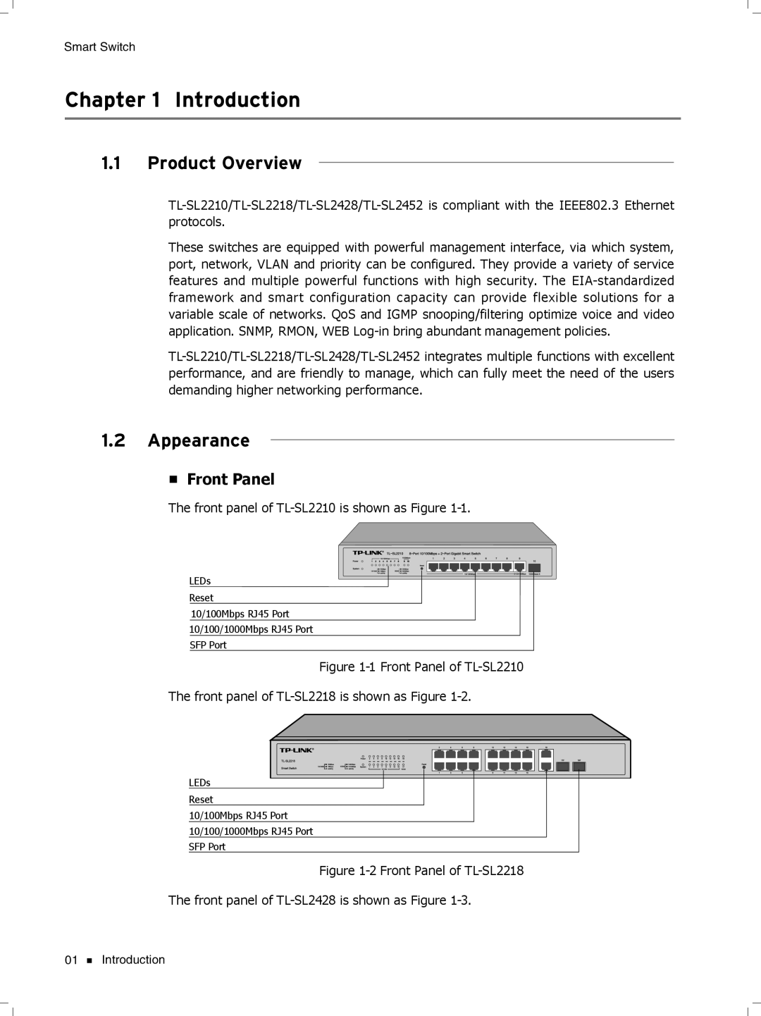 TP-Link TL-SL2218, TL-SL2452, TL-SL2428, TL-SL2210 manual Cccccccccc Introduction, Product Overview, Appearance, Front Panel 