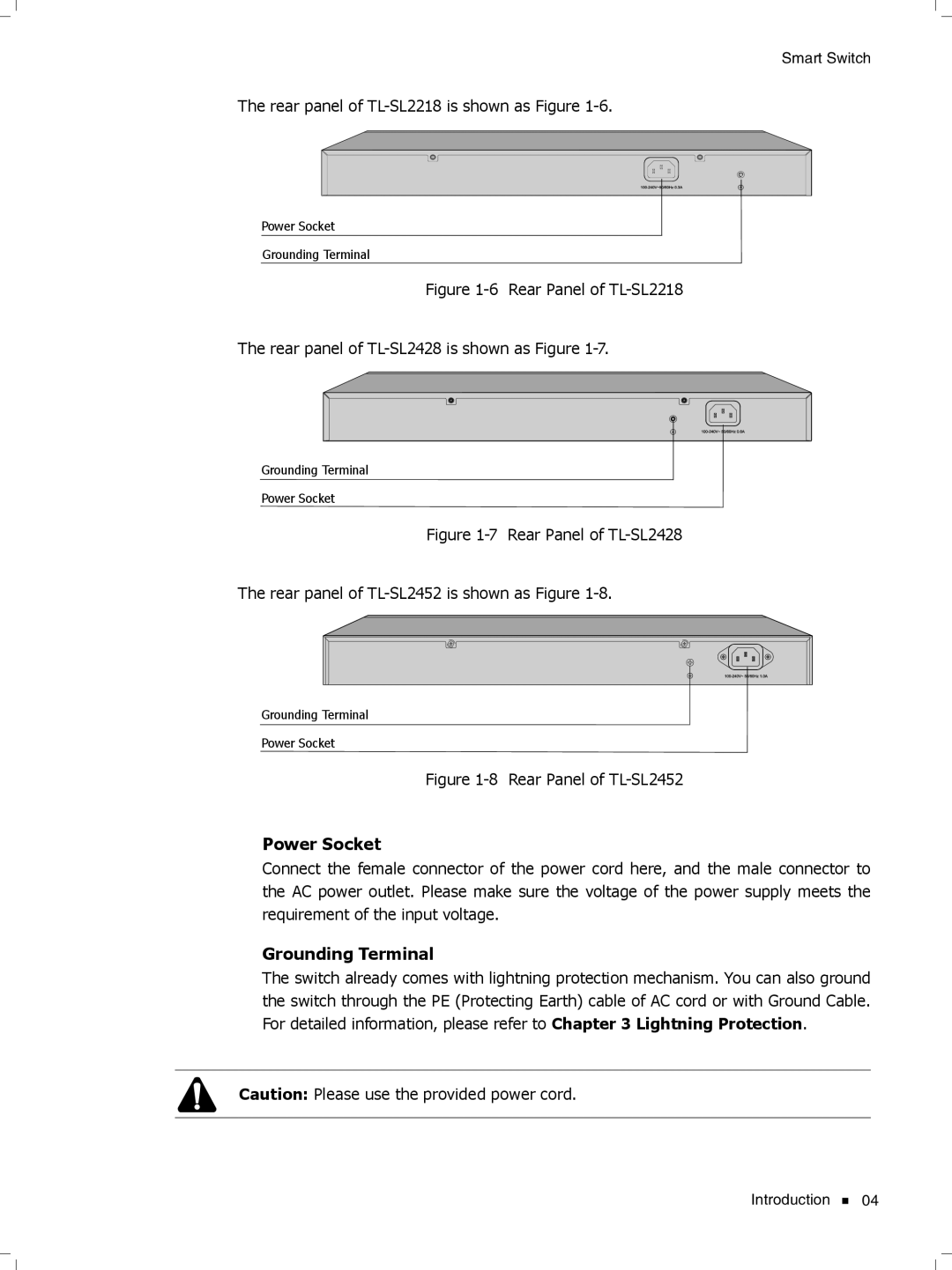 TP-Link TL-SL2428, TL-SL2452, TL-SL2218, TL-SL2210 manual Power Socket, Grounding Terminal 