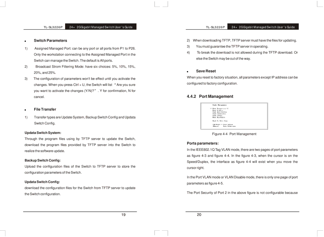 TP-Link TL-SL3226P manual Port Management, Switch Parameters, File Transfer, Save Reset, Ports parameters 