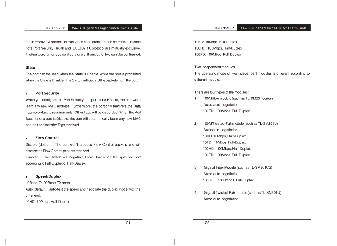 TP-Link TL-SL3226P manual State, Port Security, Flow Control, Speed/Duplex 