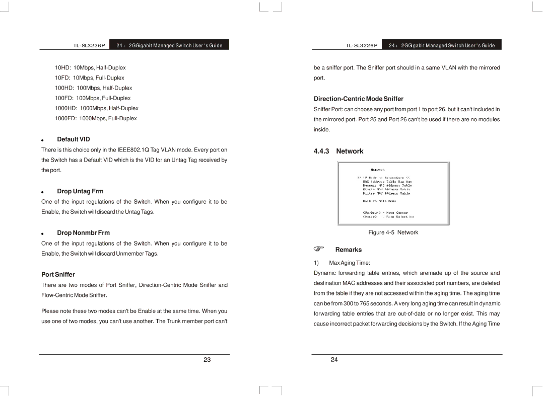 TP-Link TL-SL3226P manual Network, Direction-Centric Mode Sniffer, Remarks 