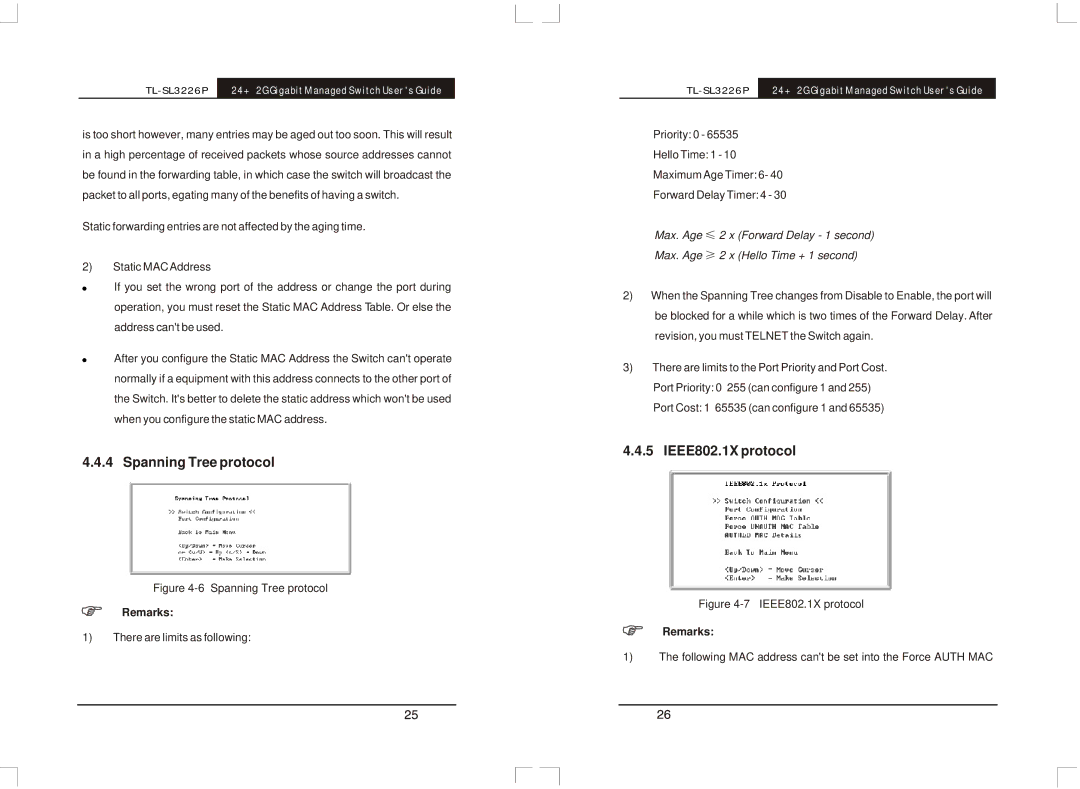 TP-Link TL-SL3226P manual Spanning Tree protocol, IEEE802.1X protocol 