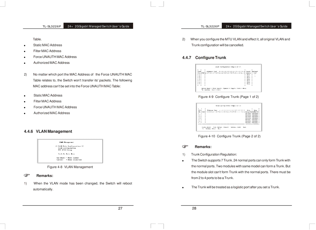 TP-Link TL-SL3226P manual Vlan Management, Configure Trunk 