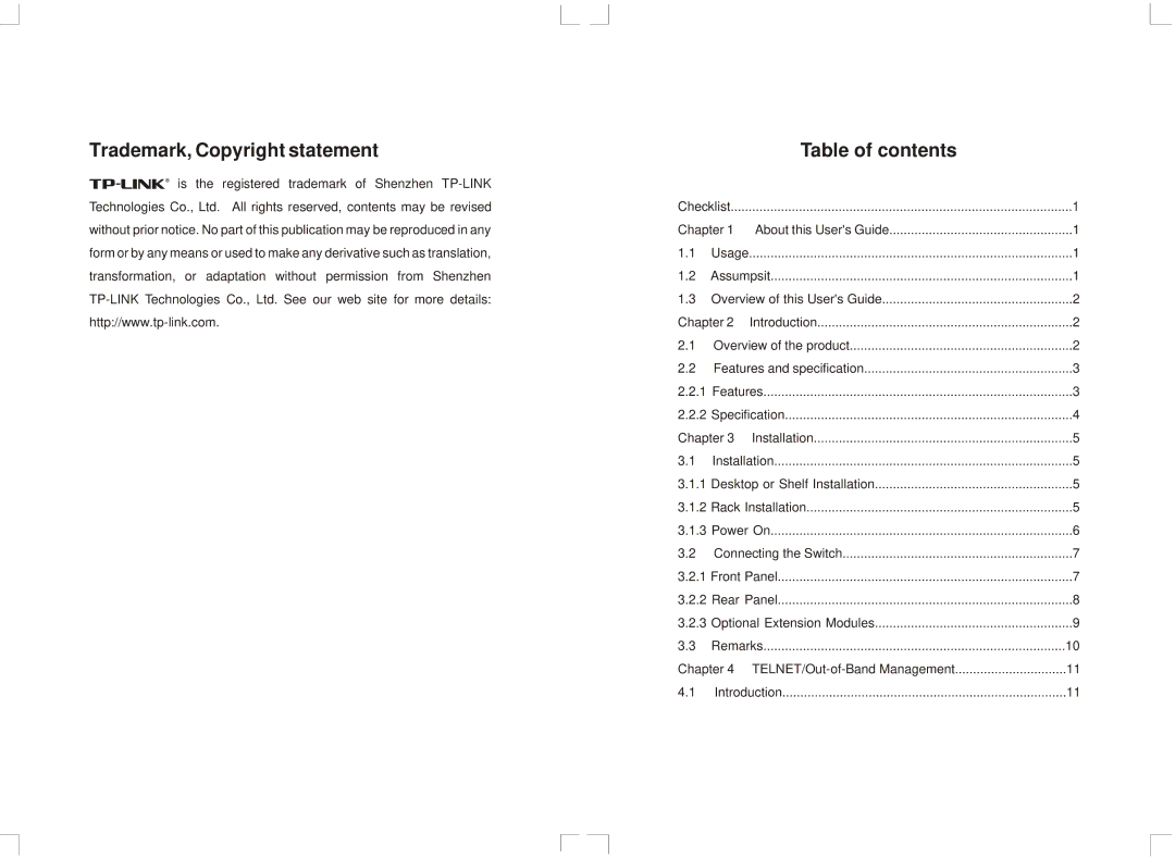 TP-Link TL-SL3226P manual Trademark, Copyright statement Table of contents 