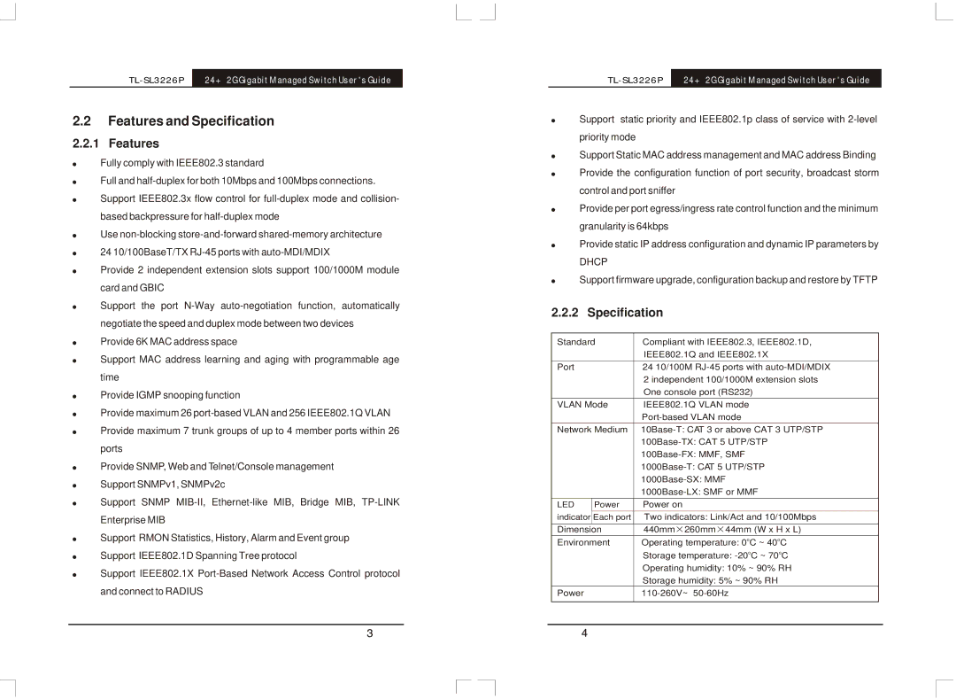 TP-Link TL-SL3226P manual Features and Specification 