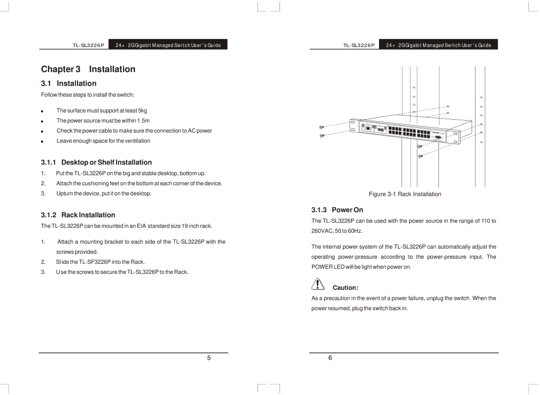 TP-Link TL-SL3226P manual Desktop or Shelf Installation, Rack Installation, Power On 