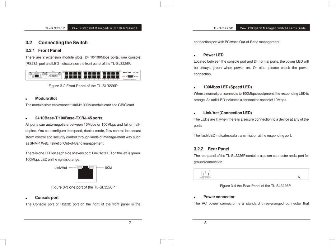 TP-Link TL-SL3226P manual Connecting the Switch, Front Panel, Rear Panel 