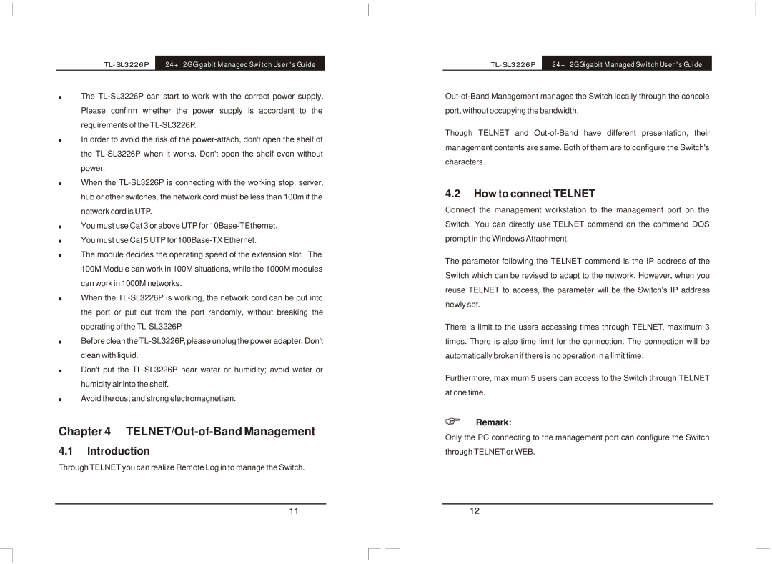 TP-Link TL-SL3226P manual Introduction, How to connect Telnet, Remark 