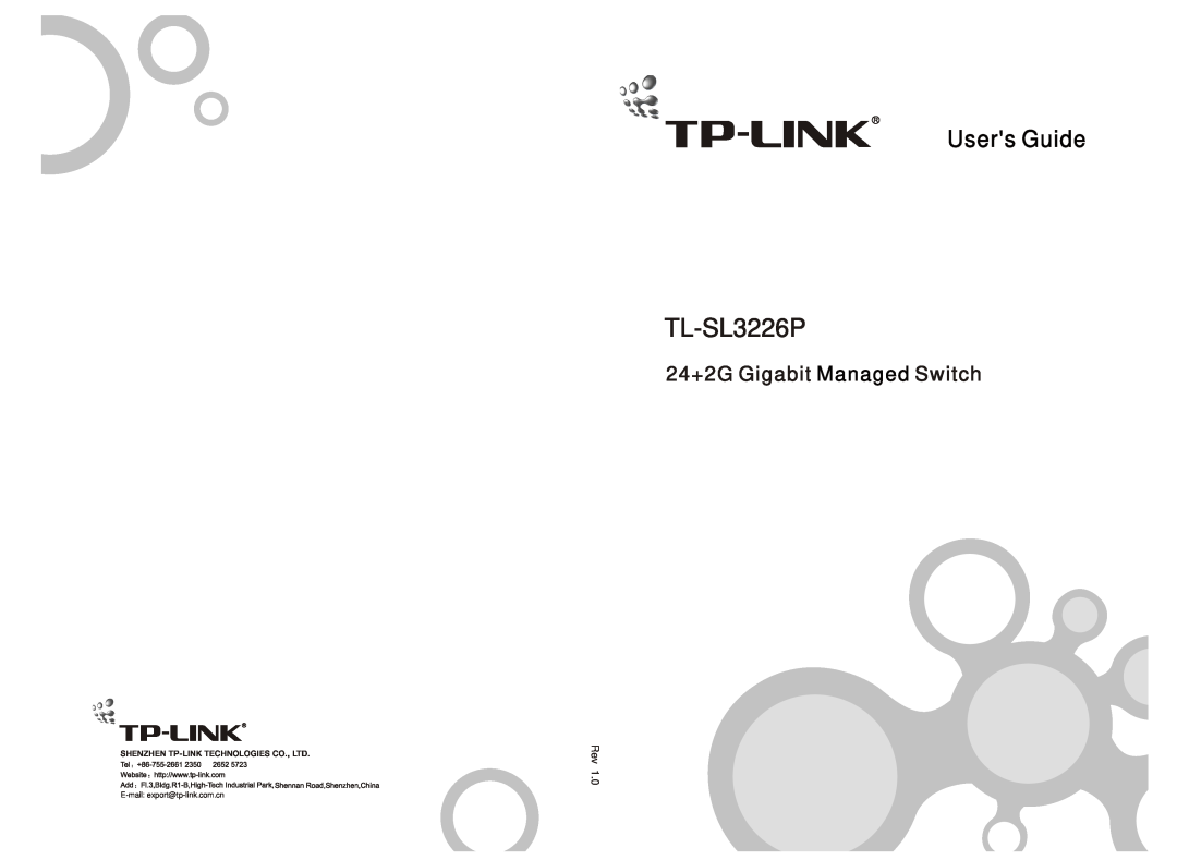 TP-Link TL-SL3226P manual Users Guide, 24+2G Gigabit Managed Switch, E-mail export@tp-link.com.cn 