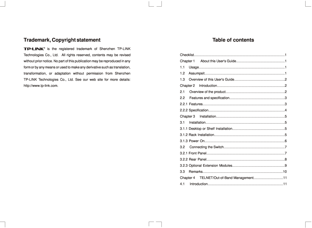 TP-Link TL-SL3226P manual Trademark, Copyright statement, Table of contents 