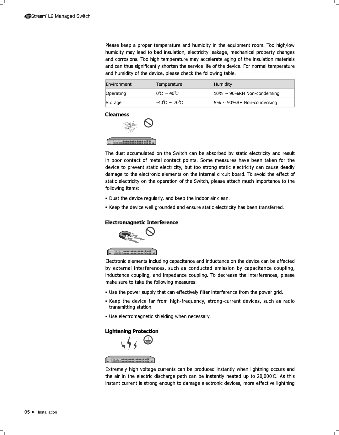 TP-Link TL-SL3428 manual Clearness, Electromagnetic Interference, Lightening Protection 