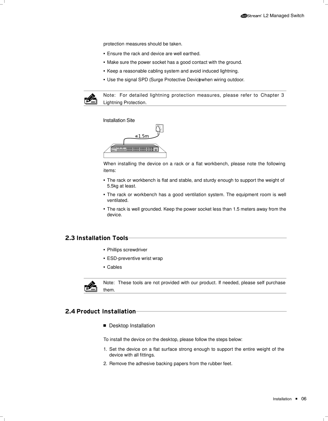 TP-Link TL-SL3428 manual 2222Installation Tools, 2222Product Installation, Installation Site, Desktop Installation 