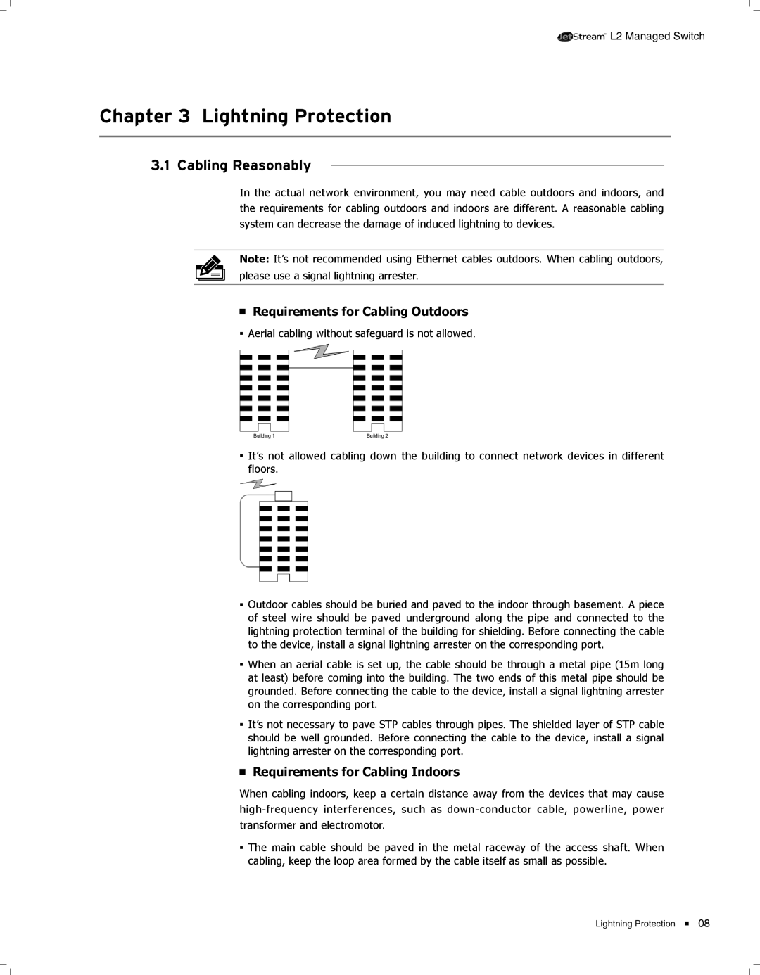 TP-Link TL-SL3428 manual CCCCCCCCCCCLightning Protection, Cabling Reasonably, Requirements for Cabling Outdoors 