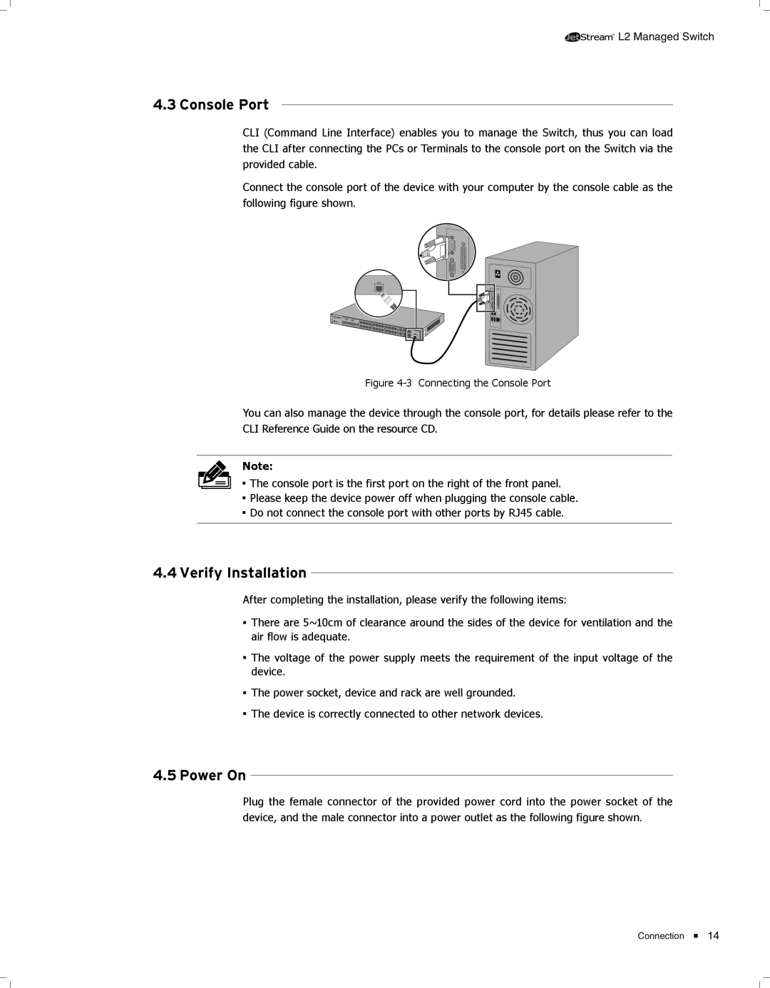 TP-Link TL-SL3428 manual 4444Console Port, 4444Verify Installation, 4444Power On 