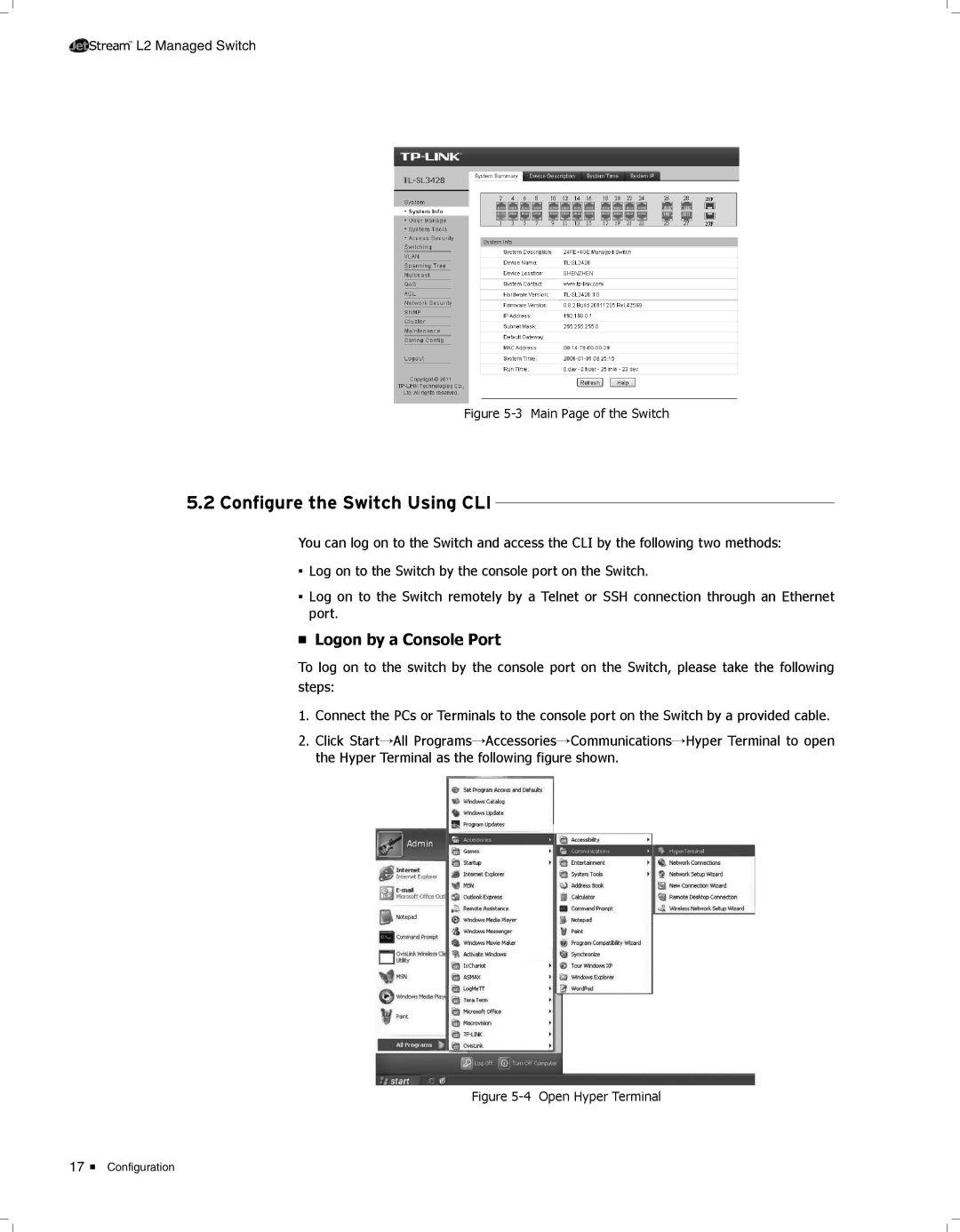 TP-Link TL-SL3428 manual 5555Configure the Switch Using CLI, Logon by a Console Port 