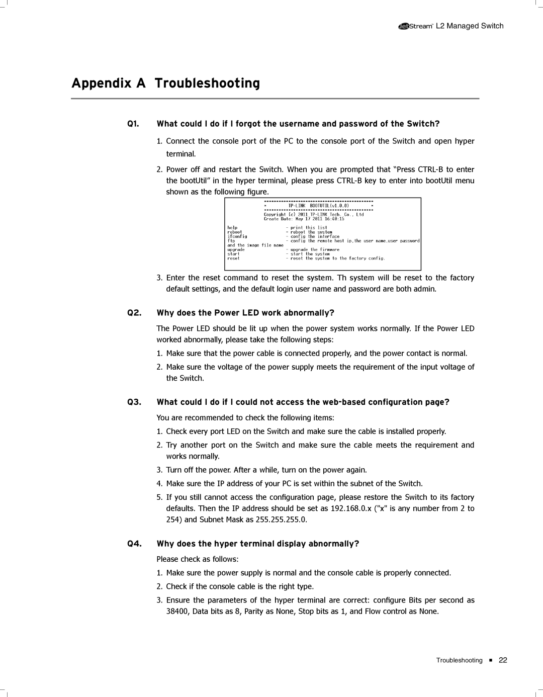 TP-Link TL-SL3428 manual AAAAAAAAAAAATroubleshooting, Qqqq Why does the Power LED work abnormally? 