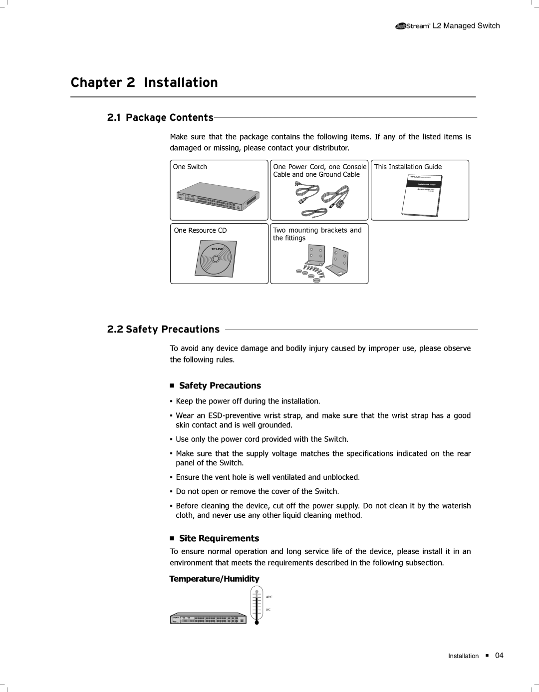 TP-Link TL-SL3428 manual CCCCCCCCCCCInstallation, Package Contents, 2222Safety Precautions 