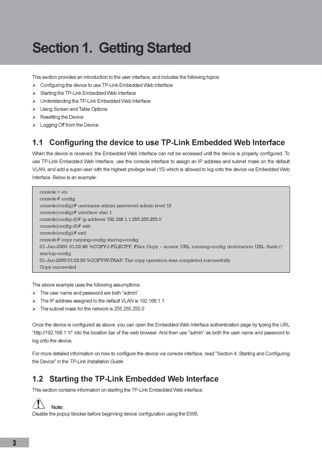 TP-Link TL-SL3428, TL-SL3452, TL-SG3109 manual Getting Started, Starting the TP-Link Embedded Web Interface 