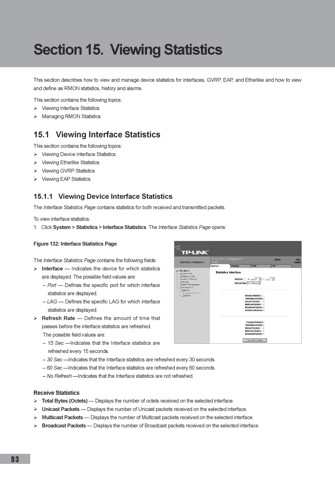 TP-Link TL-SL3428, TL-SL3452 manual Viewing Statistics, Viewing Interface Statistics, Viewing Device Interface Statistics 