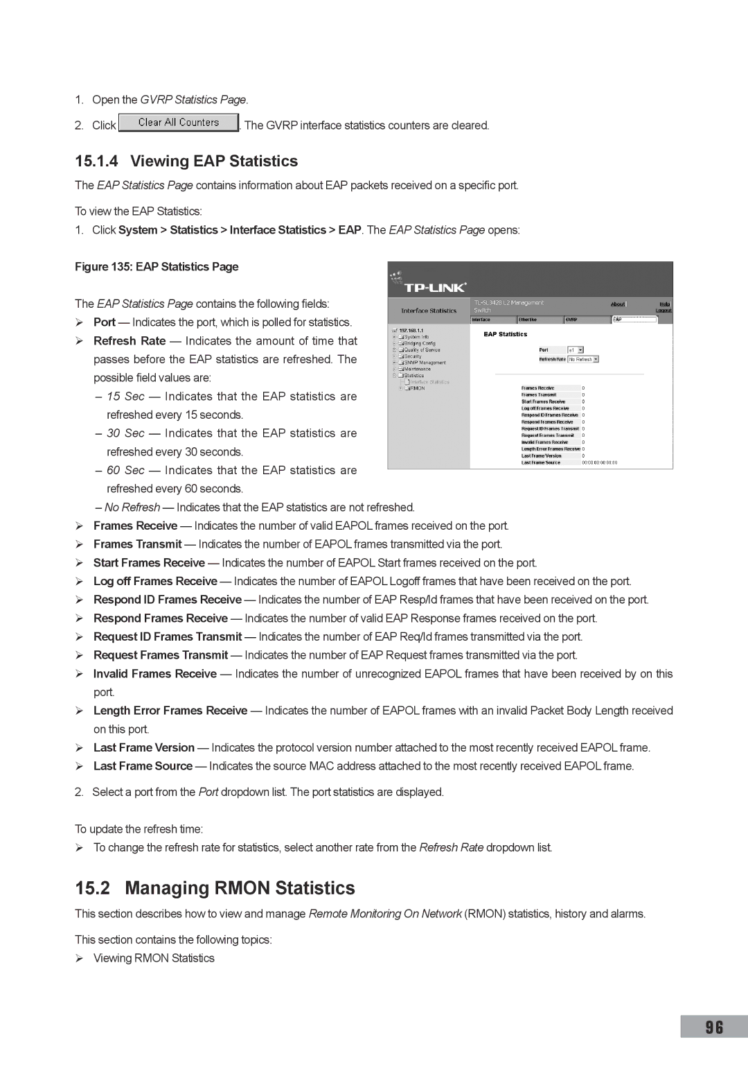 TP-Link TL-SL3428, TL-SL3452, TL-SG3109 manual Managing Rmon Statistics, Viewing EAP Statistics, Open the Gvrp Statistics 