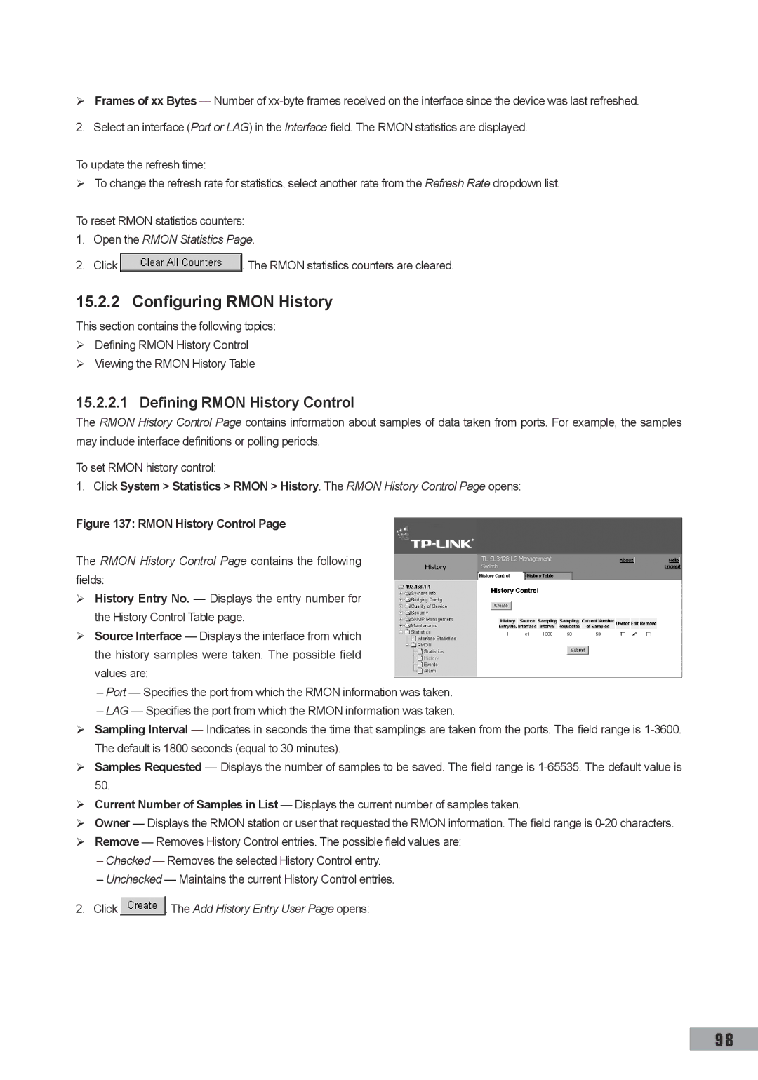 TP-Link TL-SL3452, TL-SL3428, TL-SG3109 Configuring Rmon History, Defining Rmon History Control, Open the Rmon Statistics 