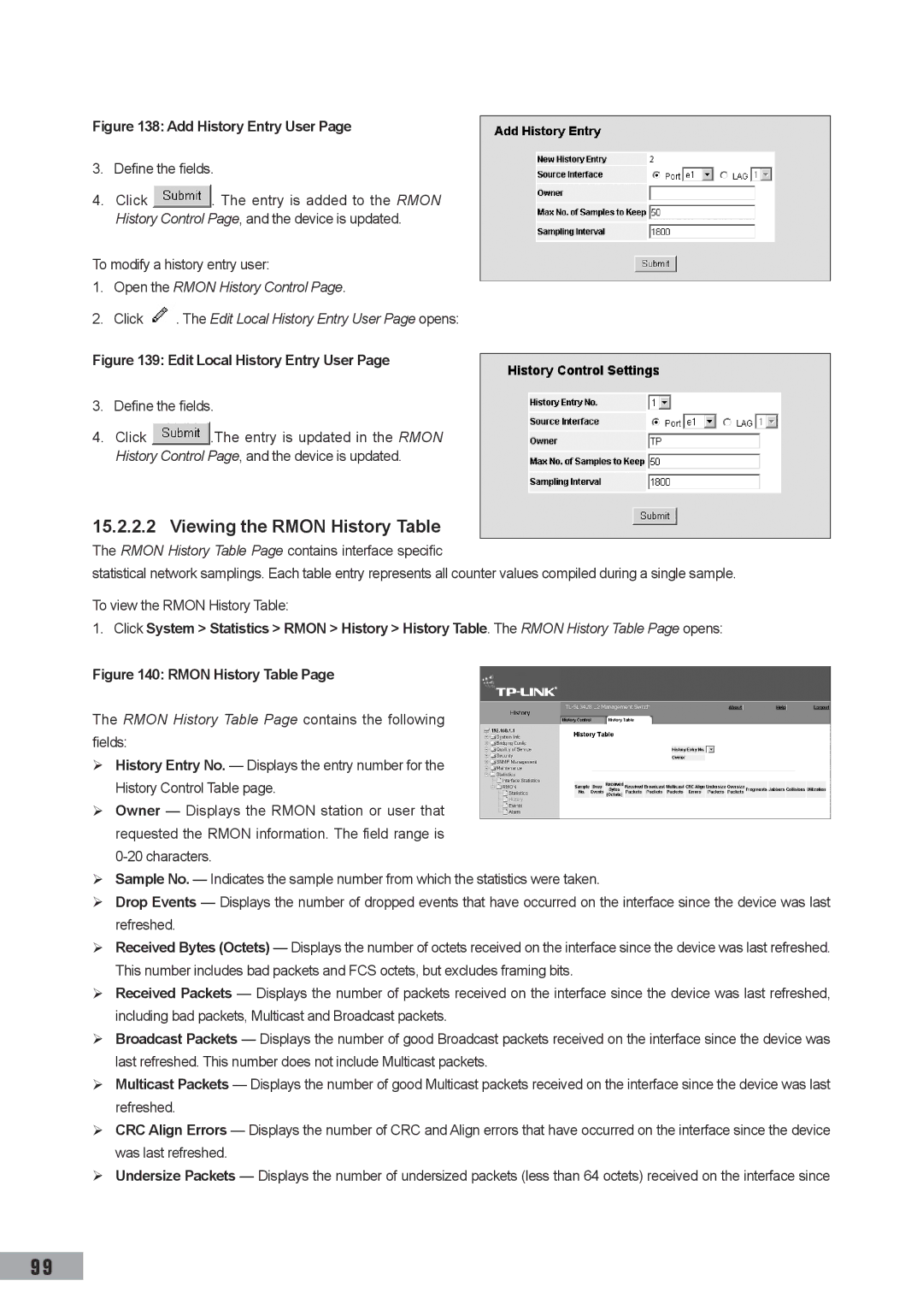 TP-Link TL-SL3428, TL-SL3452 manual Viewing the Rmon History Table, Rmon History Table Page contains the following fields 